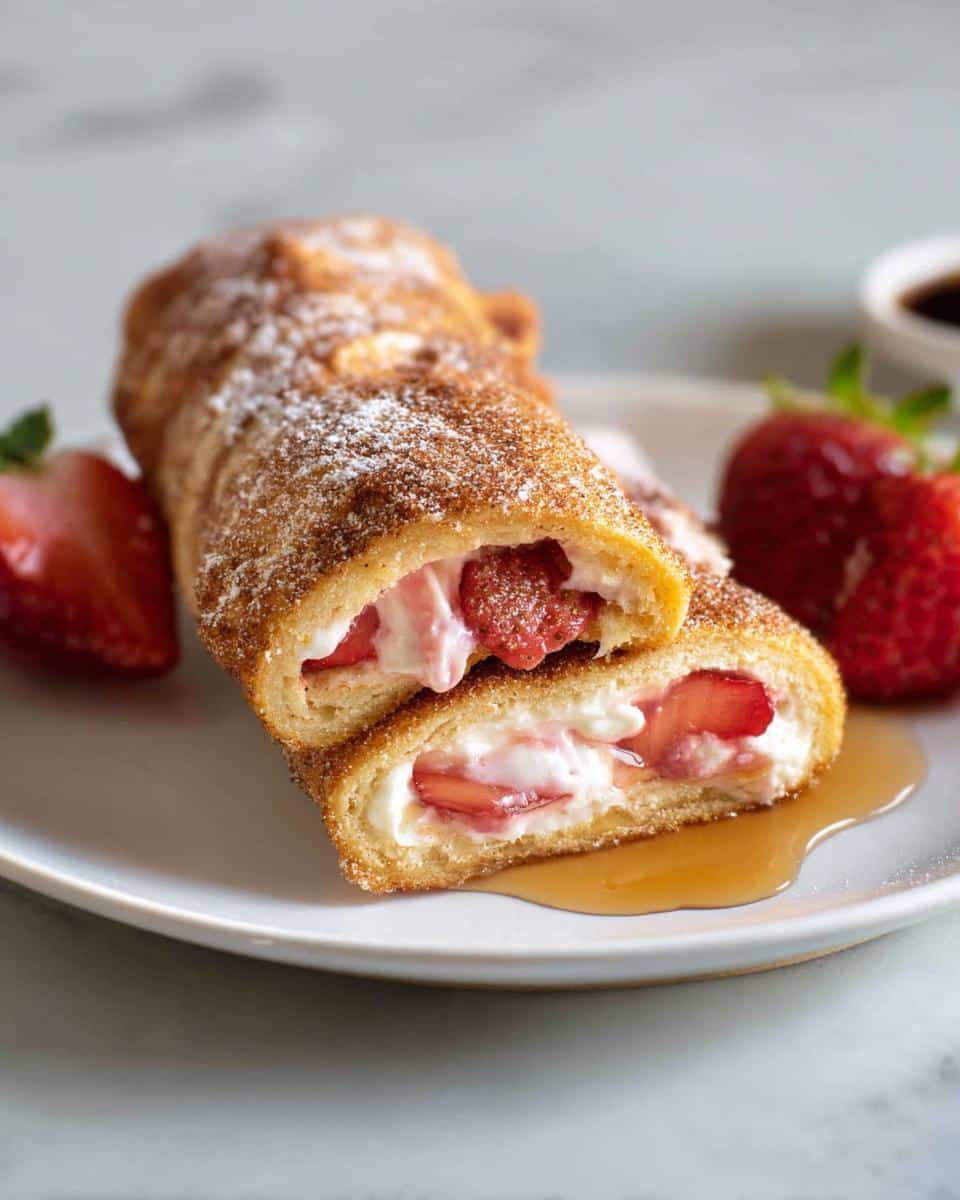 A close-up of Strawberry Cream Cheese Rollups cut in half, showing creamy filling and strawberries.