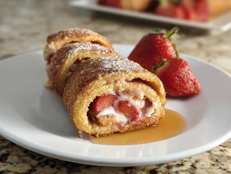 Close-up of a sliced Strawberry Cream Cheese Rollup coated in cinnamon sugar, served with fresh strawberries and syrup.
