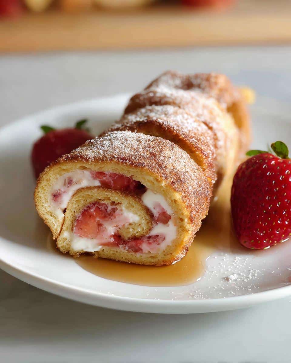 A close-up of sliced Strawberry Cream Cheese Rollups dusted with powdered sugar, served with fresh strawberries and syrup.