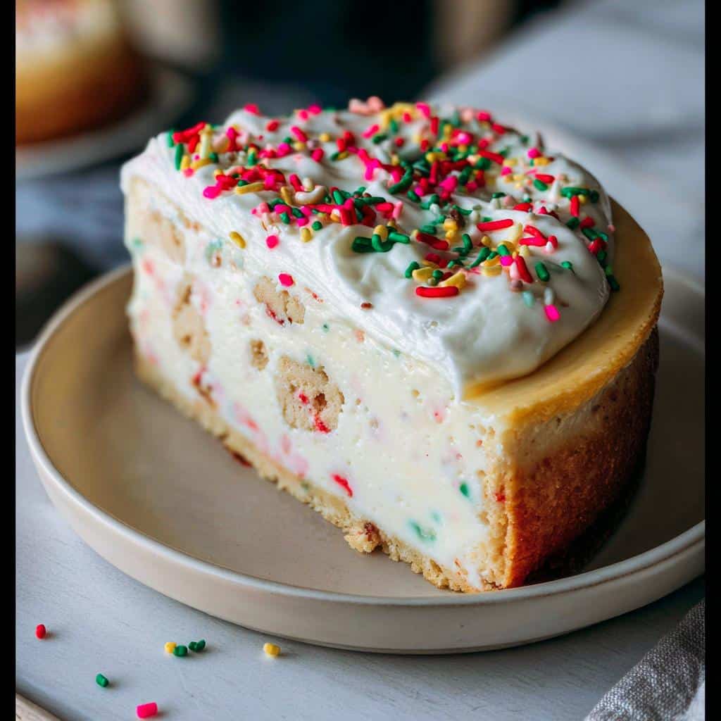 A delicious slice of Sugar Cookie Cheesecake topped with frosting and colorful sprinkles on a plate.
