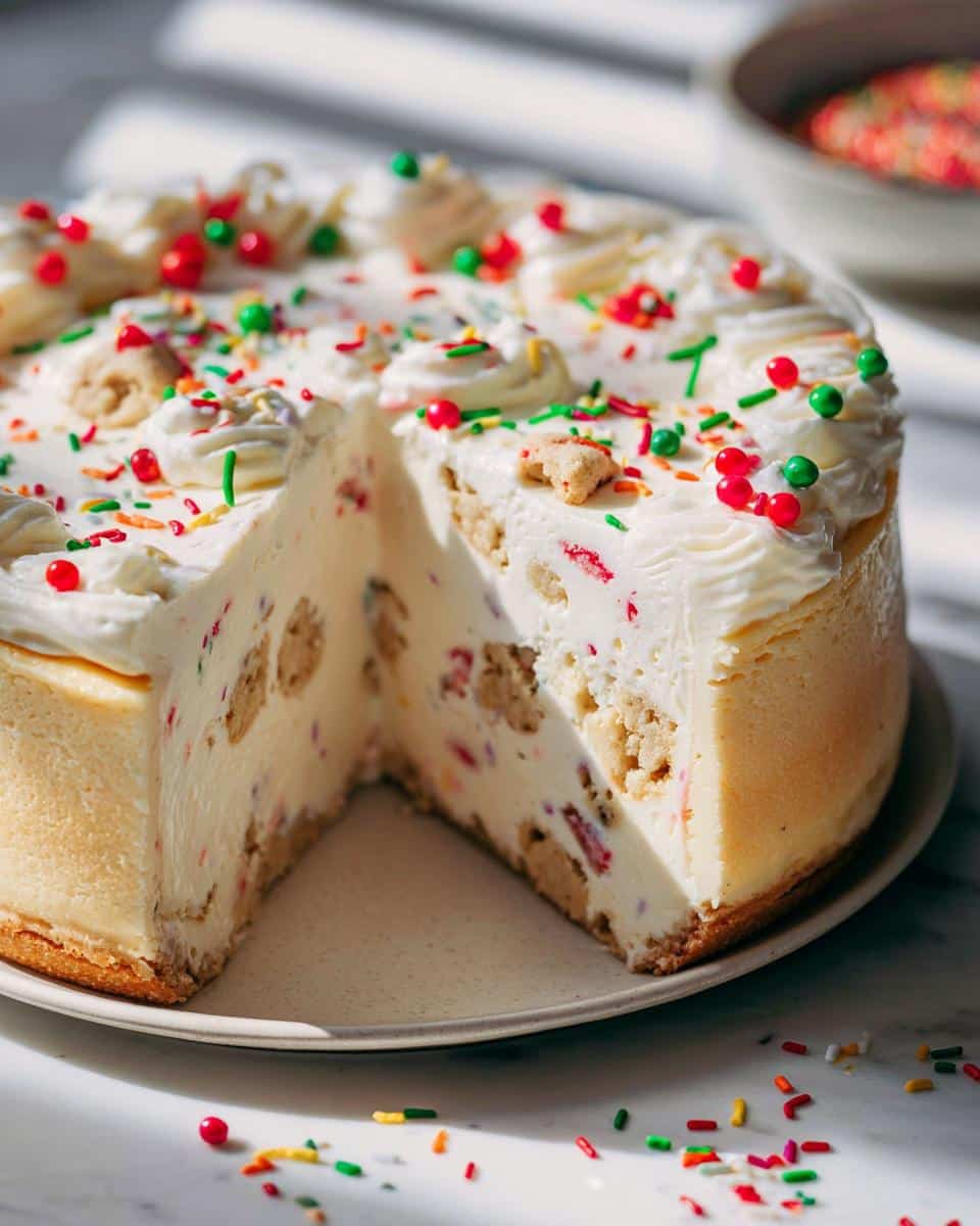 A festive Sugar Cookie Cheesecake with a slice missing, decorated with sprinkles and whipped cream.