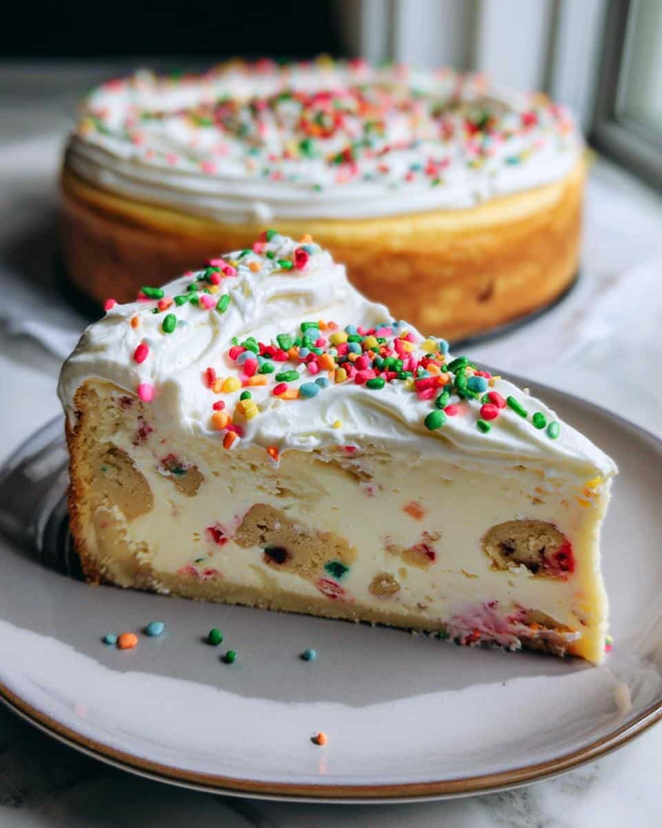 A delicious slice of Sugar Cookie Cheesecake topped with frosting and colorful sprinkles on a plate.