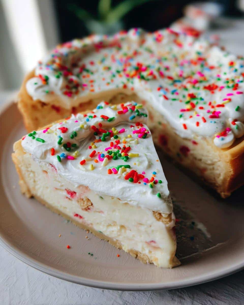 A slice of Sugar Cookie Cheesecake topped with whipped cream and colorful sprinkles on a plate.