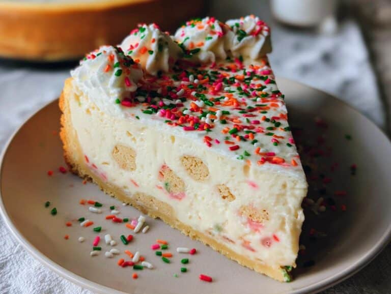 A delicious slice of Sugar Cookie Cheesecake topped with whipped cream and colorful sprinkles on a plate.