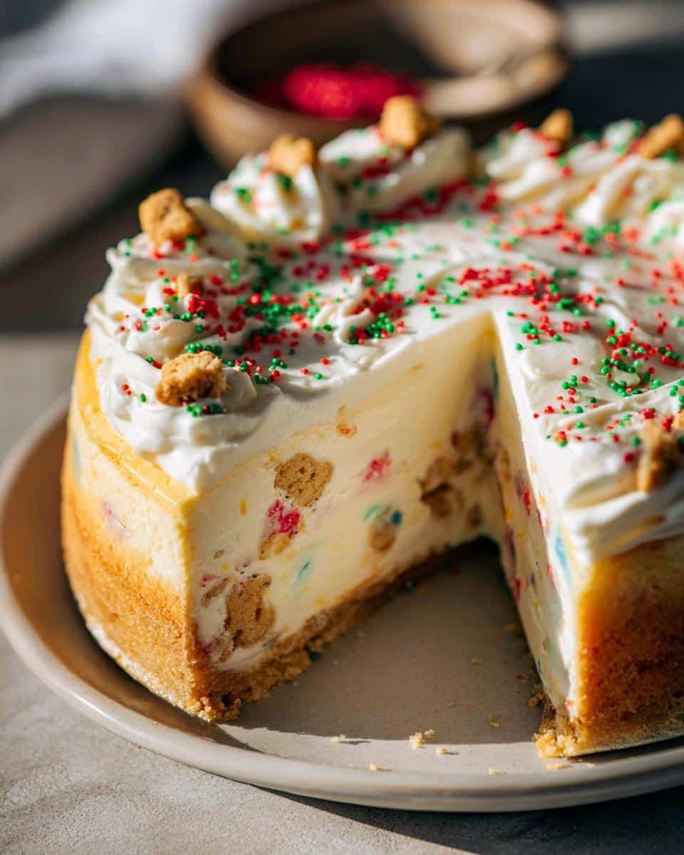 A delicious Sugar Cookie Cheesecake with a slice removed, topped with whipped cream and festive sprinkles.