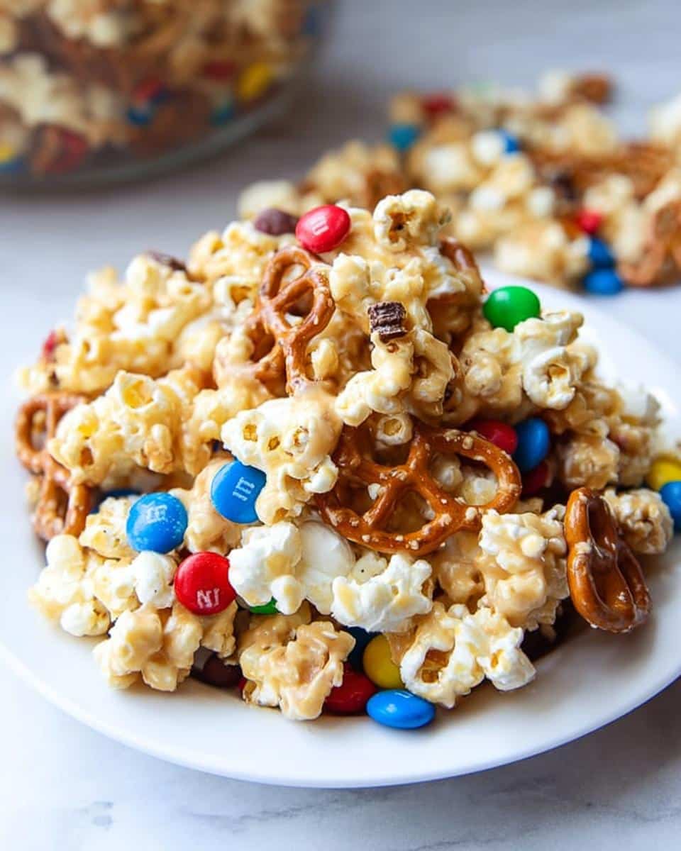 A close-up of Sweet Marshmallow Popcorn Mix featuring popcorn, pretzels, and colorful M&Ms coated in a sticky glaze.