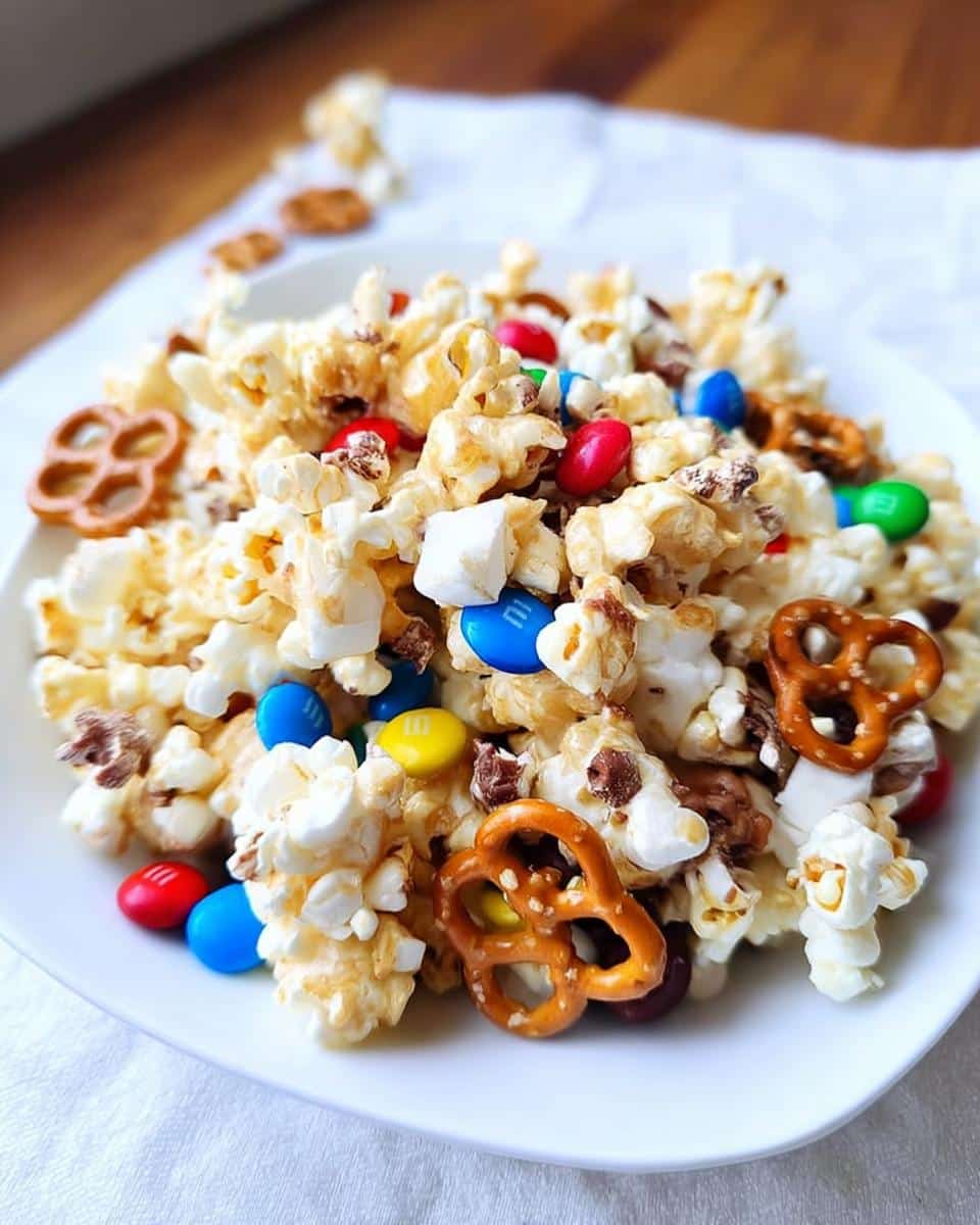 A close-up of Sweet Marshmallow Popcorn Mix featuring popcorn, pretzels, M&Ms, and marshmallows on a white plate.