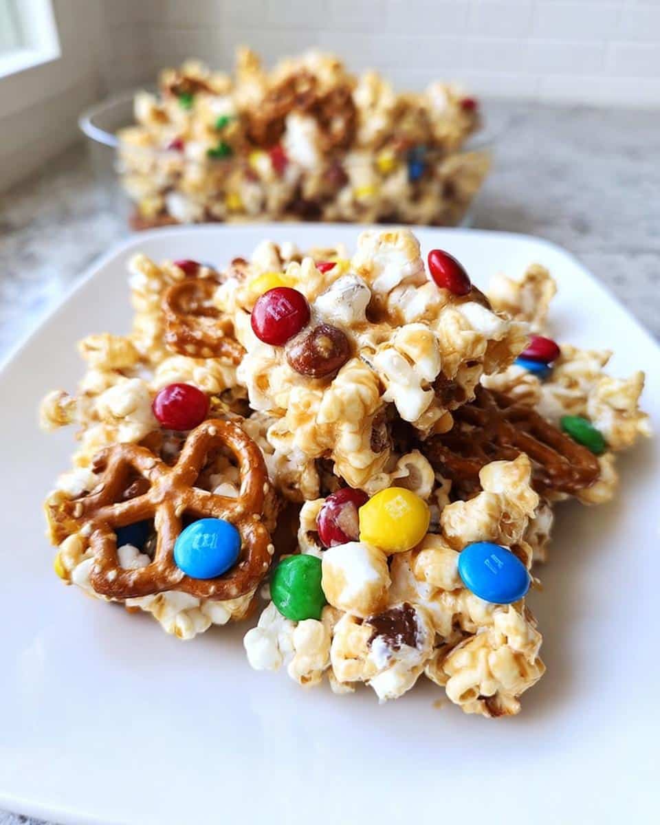 Close-up of a cluster of Sweet Marshmallow Popcorn Mix featuring pretzels and colorful candy-coated chocolates.