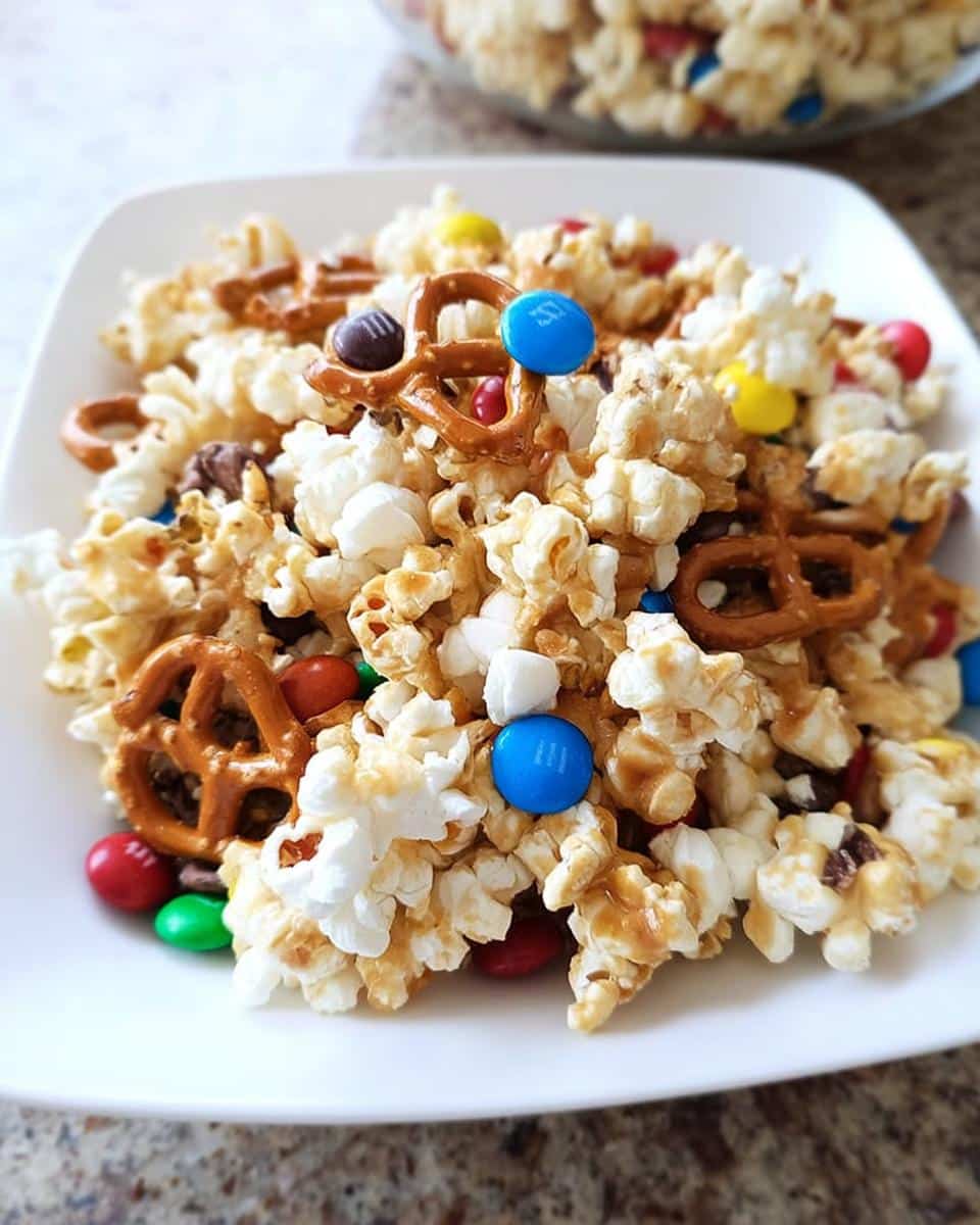A close-up of Sweet Marshmallow Popcorn Mix featuring popcorn, pretzels, marshmallows, and colorful M&Ms on a white plate.