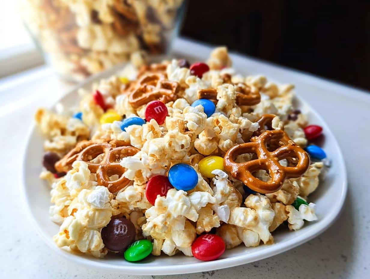 A close-up of Sweet Marshmallow Popcorn Mix featuring popcorn, pretzels, and colorful M&M candies on a white plate.