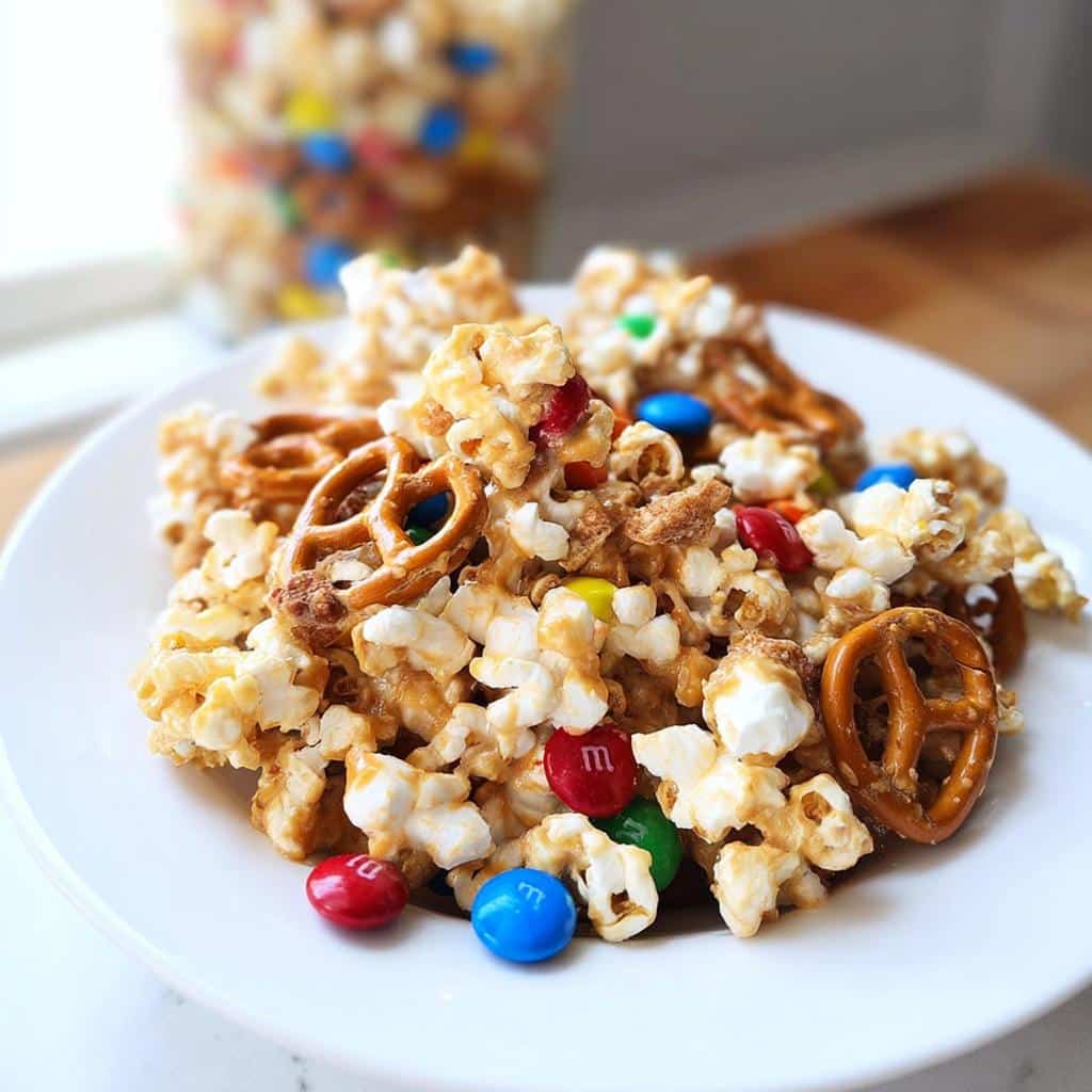 A close-up of Sweet Marshmallow Popcorn Mix featuring popcorn, mini pretzels, and colorful M&Ms on a white plate.