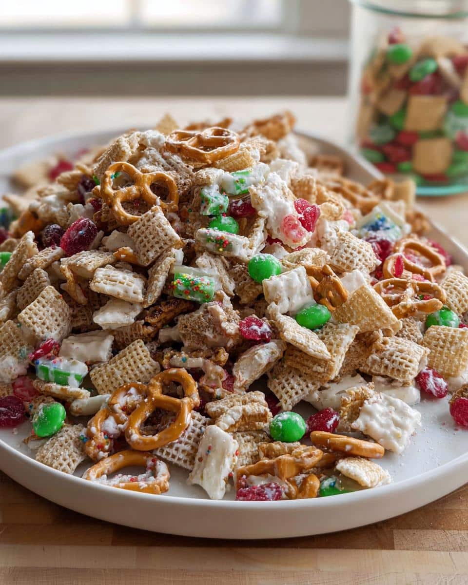 A close-up of a white plate piled high with Christmas Chex Mix featuring cereal, pretzels, green candies, and white chocolate coating.