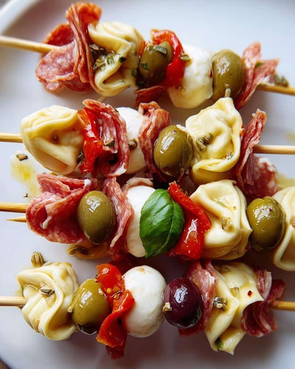 Close-up of three Antipasto Skewers featuring tortellini, salami, mozzarella balls, olives, and roasted peppers.