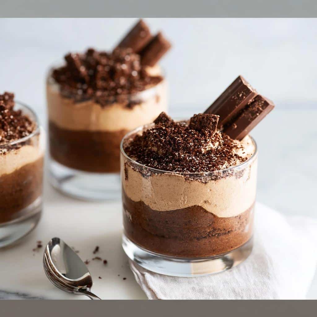 Three layered Triple Chocolate Mousse Cups in glasses, topped with chocolate shavings and chocolate bar pieces.