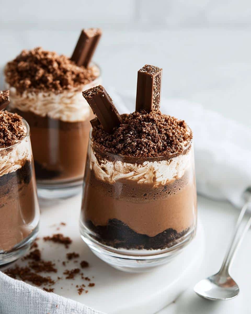 Three Triple Chocolate Mousse Cups in glasses, topped with whipped cream, chocolate crumbs, and chocolate bar pieces.