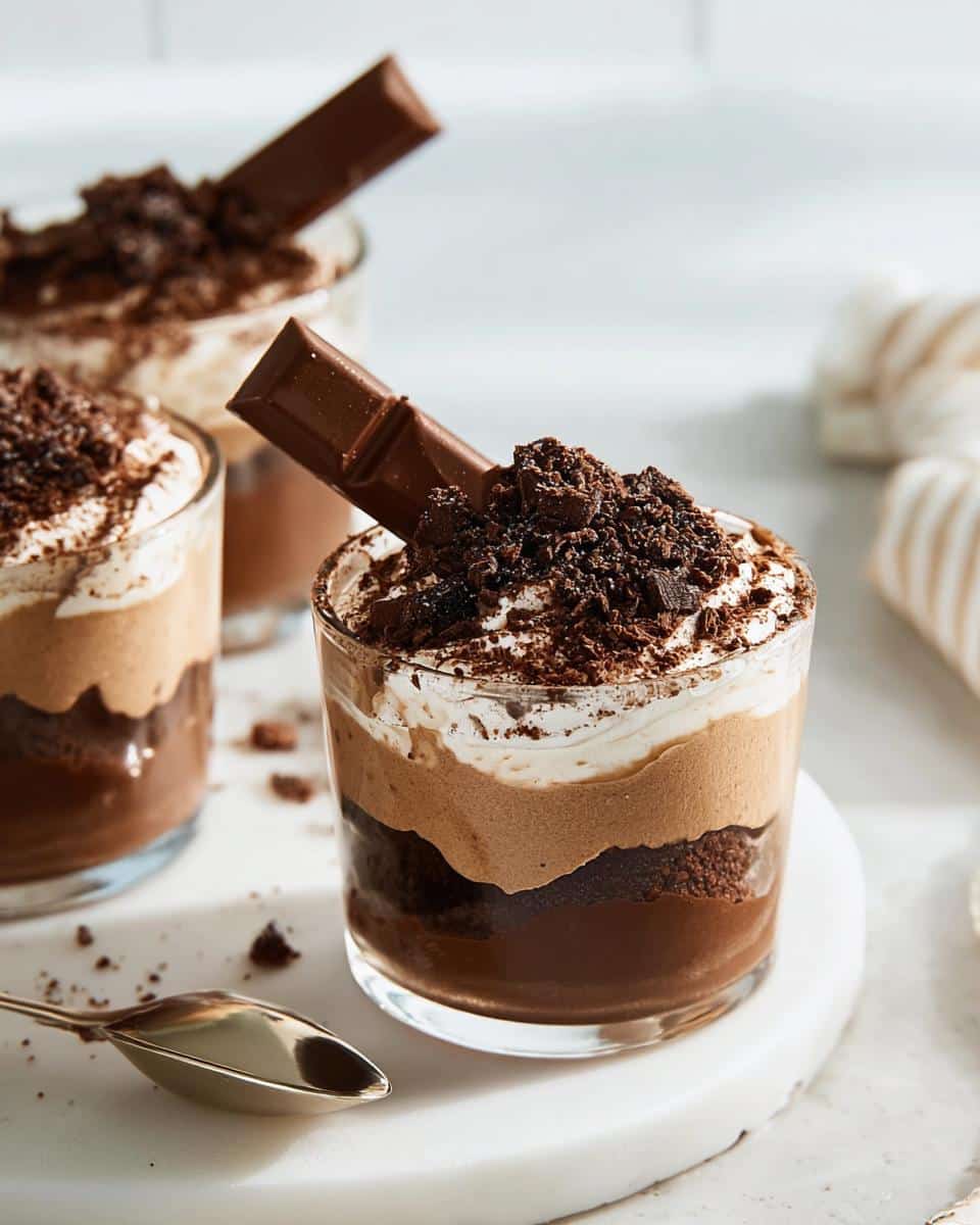 Three layered Triple Chocolate Mousse Cups in glasses, topped with whipped cream and chocolate shavings.