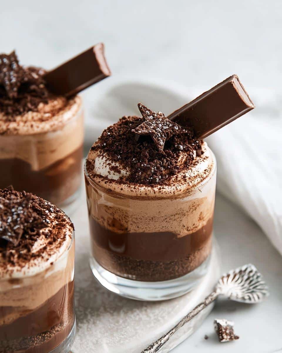 Three layered Triple Chocolate Mousse Cups topped with chocolate shavings and a chocolate bar piece.