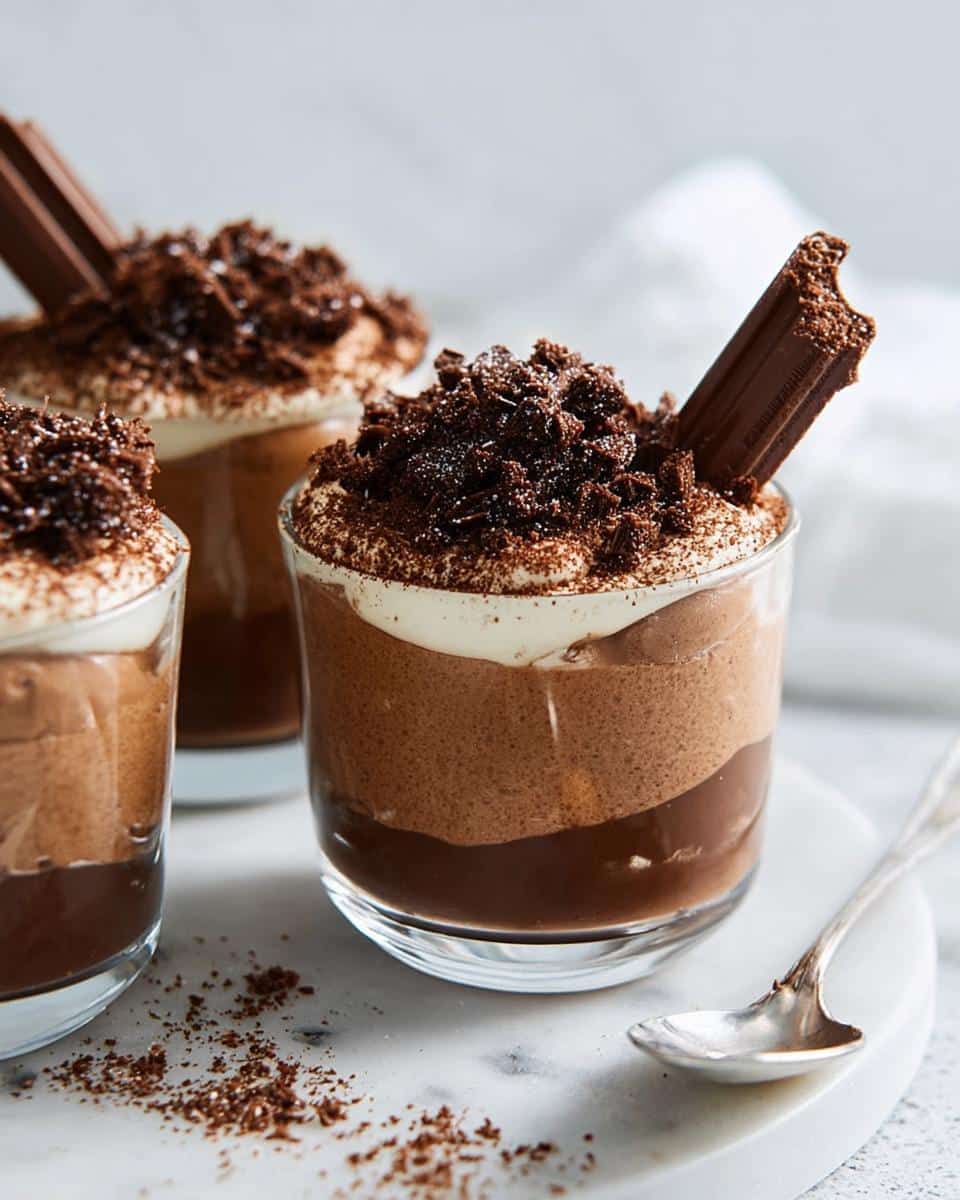 Three Triple Chocolate Mousse Cups in glasses, topped with chocolate shavings and a chocolate bar.