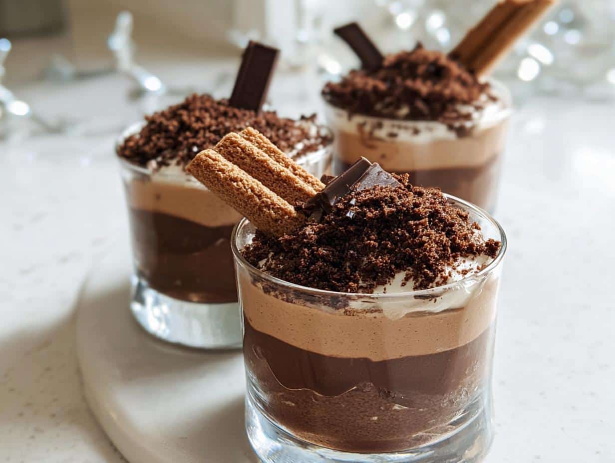 Three layered Triple Chocolate Mousse Cups in glass dessert cups, topped with chocolate shavings and wafer sticks.