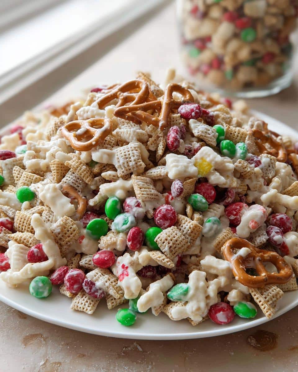 A close-up of sweet and salty Christmas Chex Mix coated in white chocolate, mixed with red and green candies and pretzels.