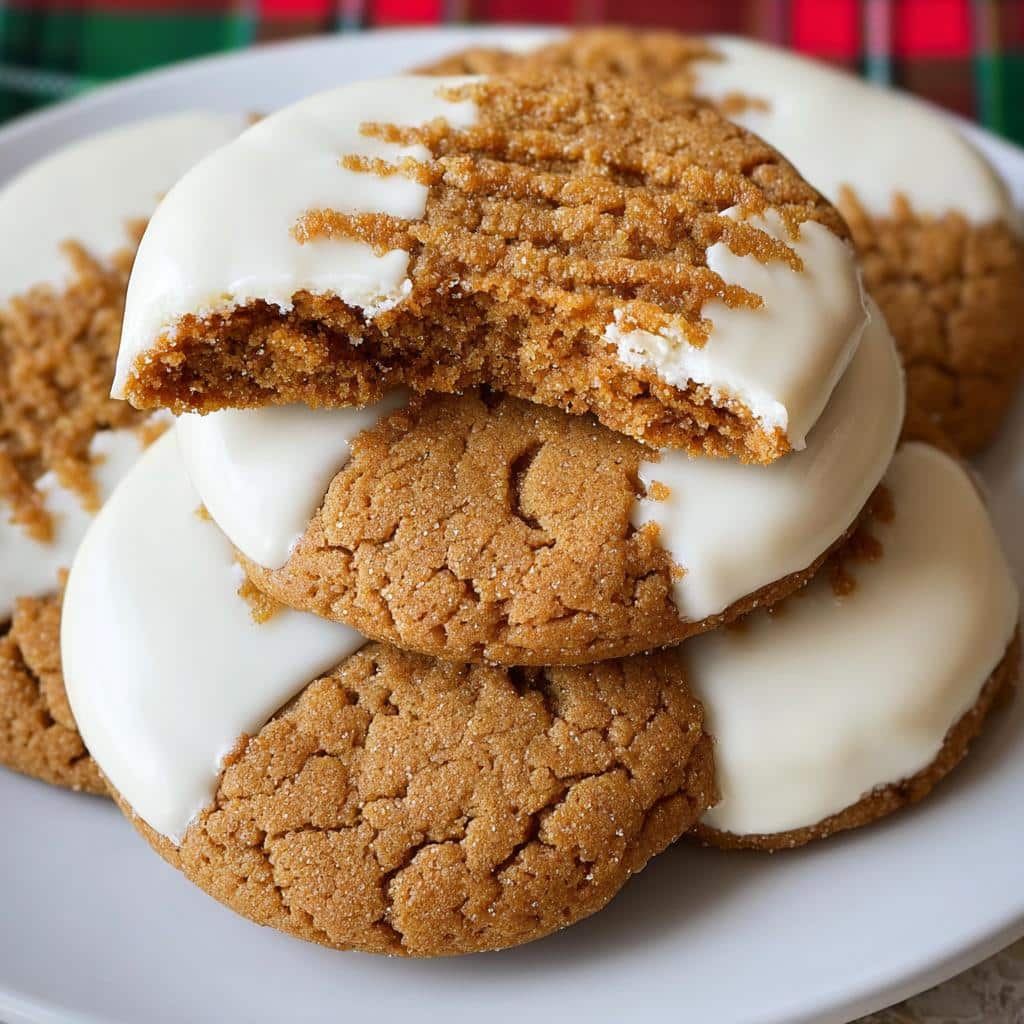 A stack of delicious White Chocolate Dipped Ginger Cookies, one with a bite taken out.