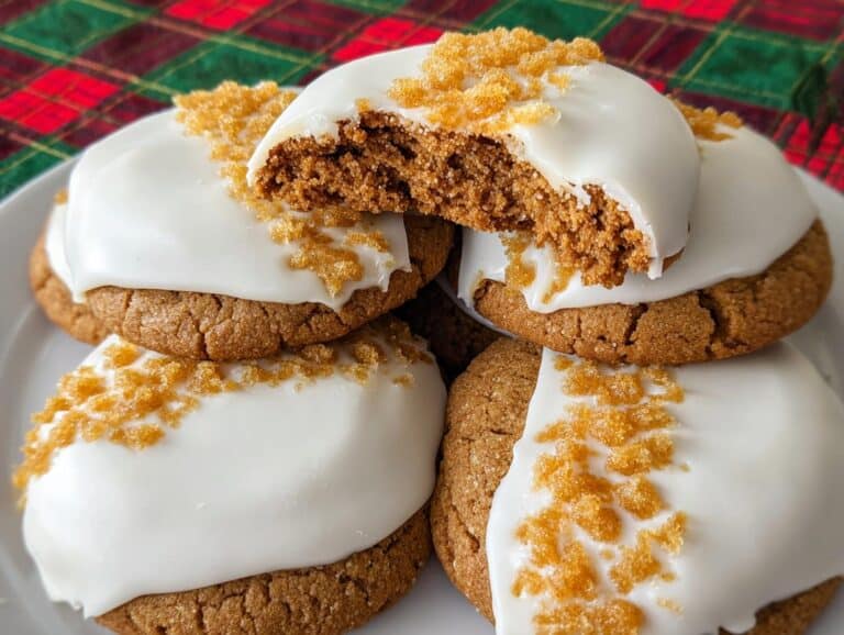 A stack of White Chocolate Dipped Ginger Cookies, one with a bite taken, showing the cookie's texture.