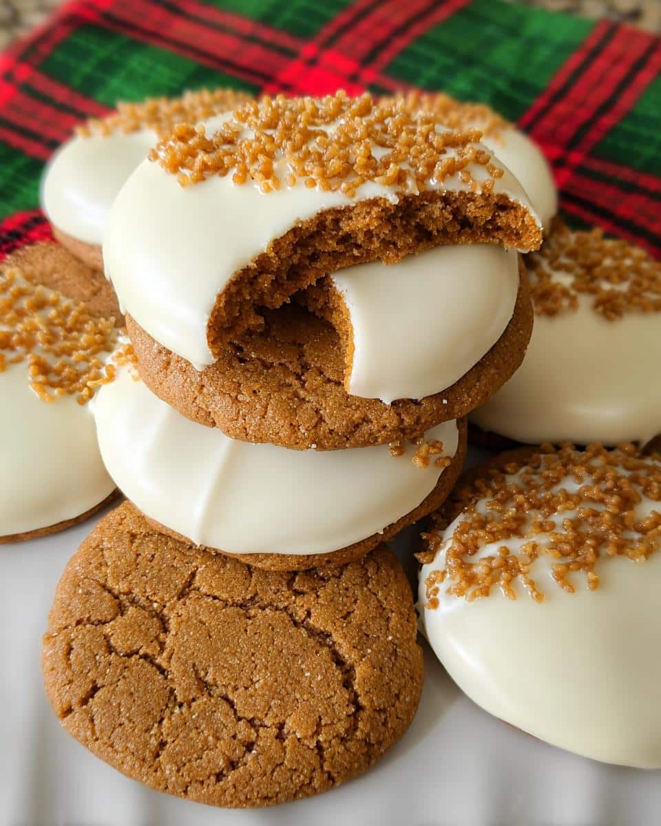 A stack of White Chocolate Dipped Ginger Cookies, one with a bite taken, showing the texture. Plaid background.