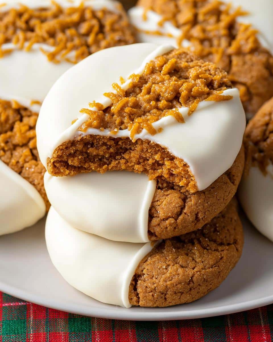 Stack of White Chocolate Dipped Ginger Cookies, one with a bite taken out, showing the texture.