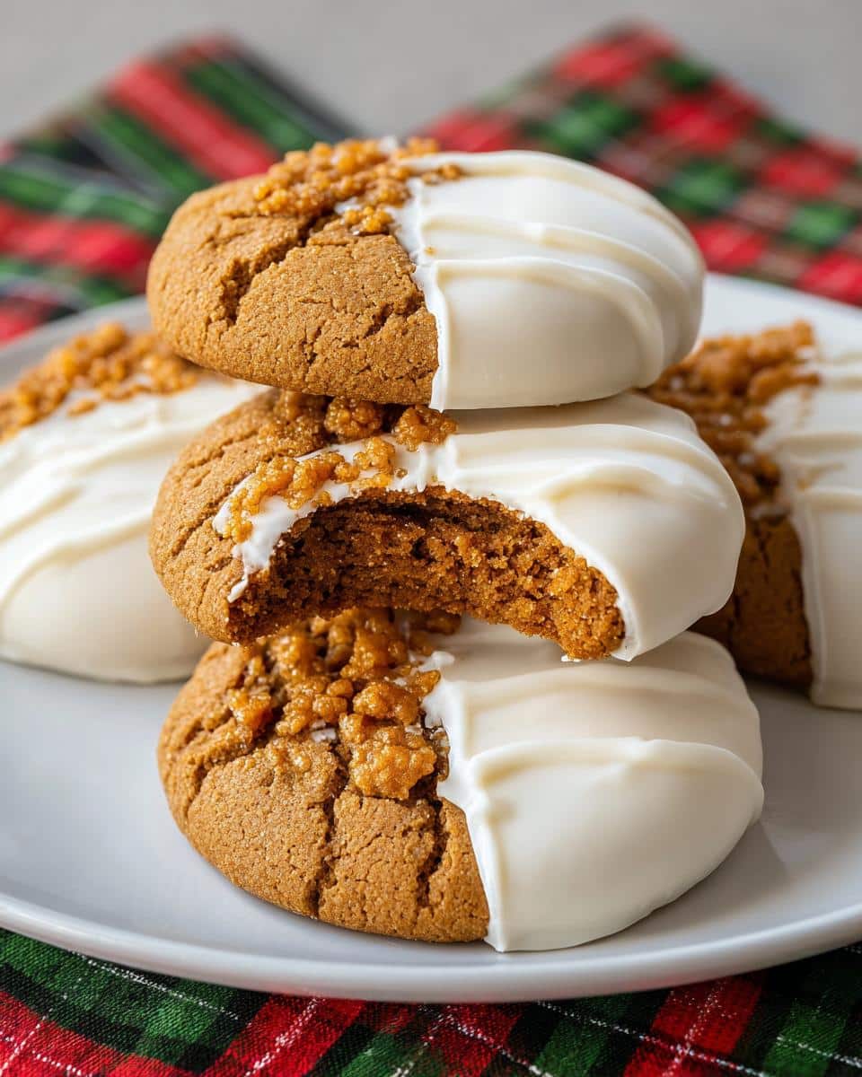 A stack of White Chocolate Dipped Ginger Cookies, one with a bite taken out, on a white plate.