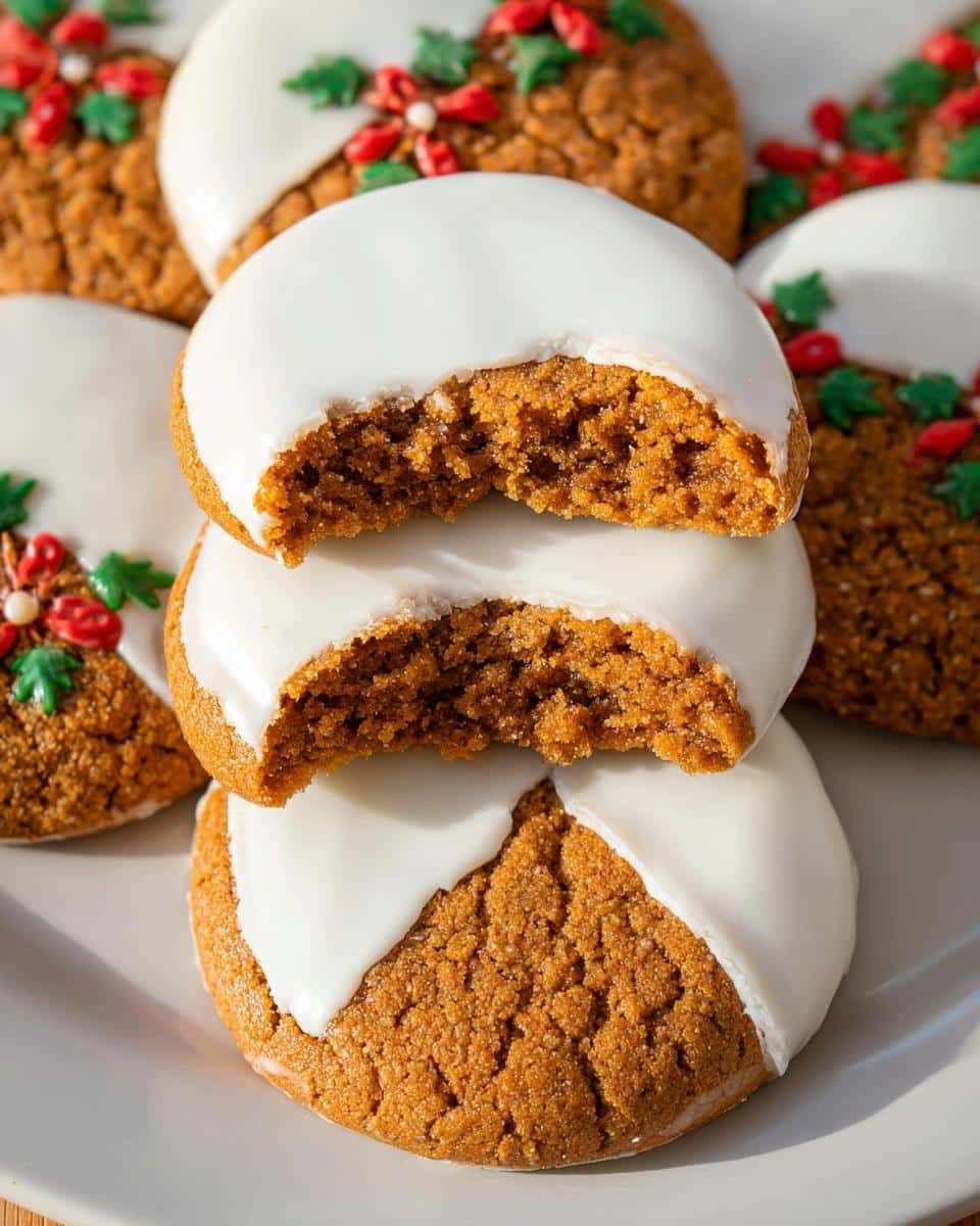 A stack of White Chocolate Dipped Ginger Cookies, two with bites taken, showing the texture.