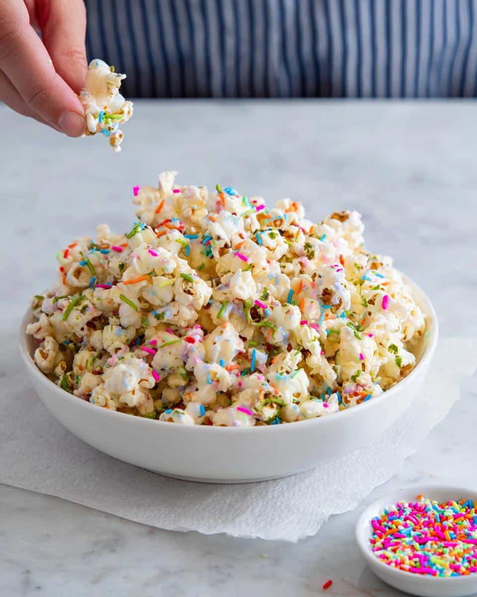 A large bowl overflowing with White Chocolate Funfetti Popcorn, topped with colorful sprinkles, as a hand grabs a piece.