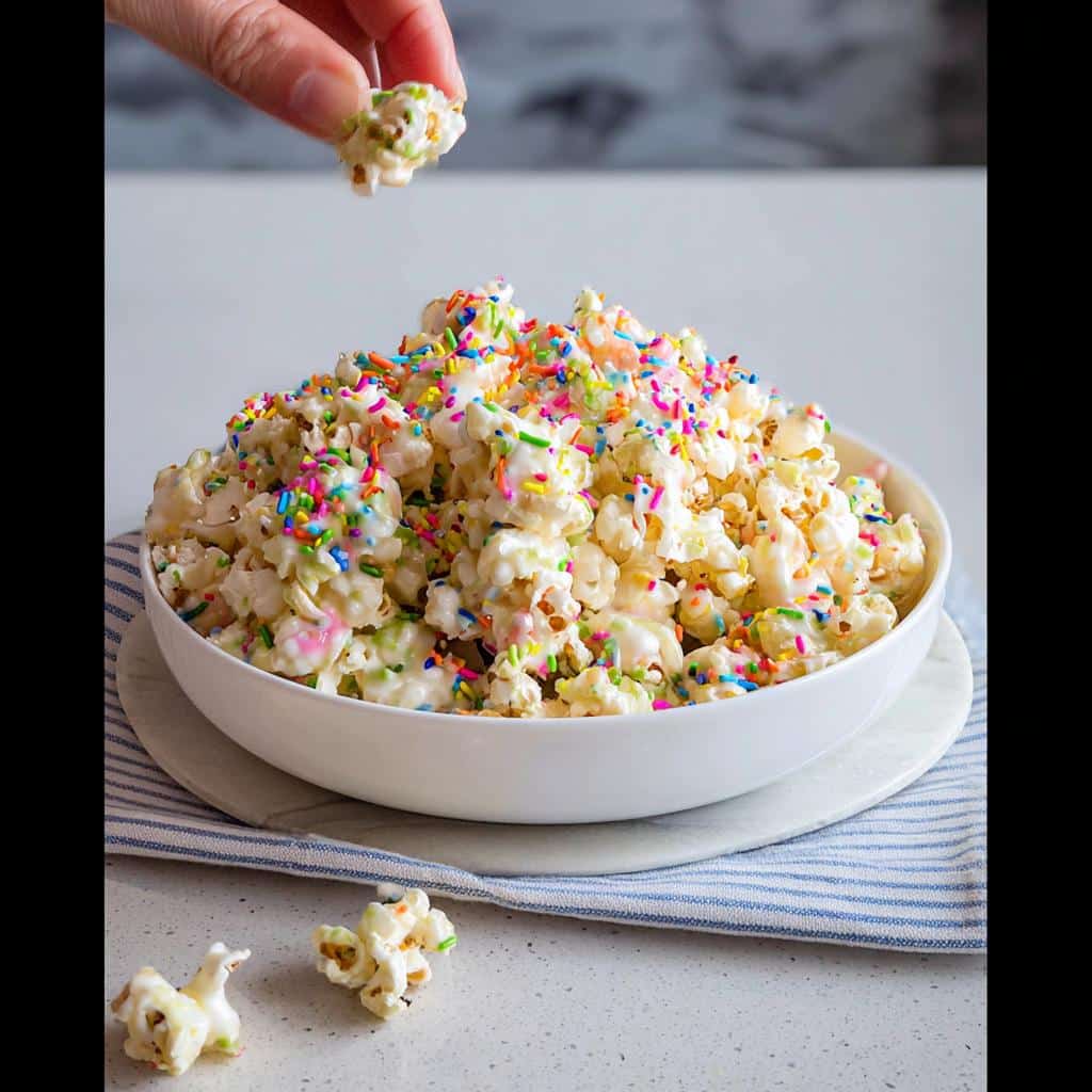A large bowl overflowing with White Chocolate Funfetti Popcorn topped with colorful sprinkles, as a hand pulls a piece out.