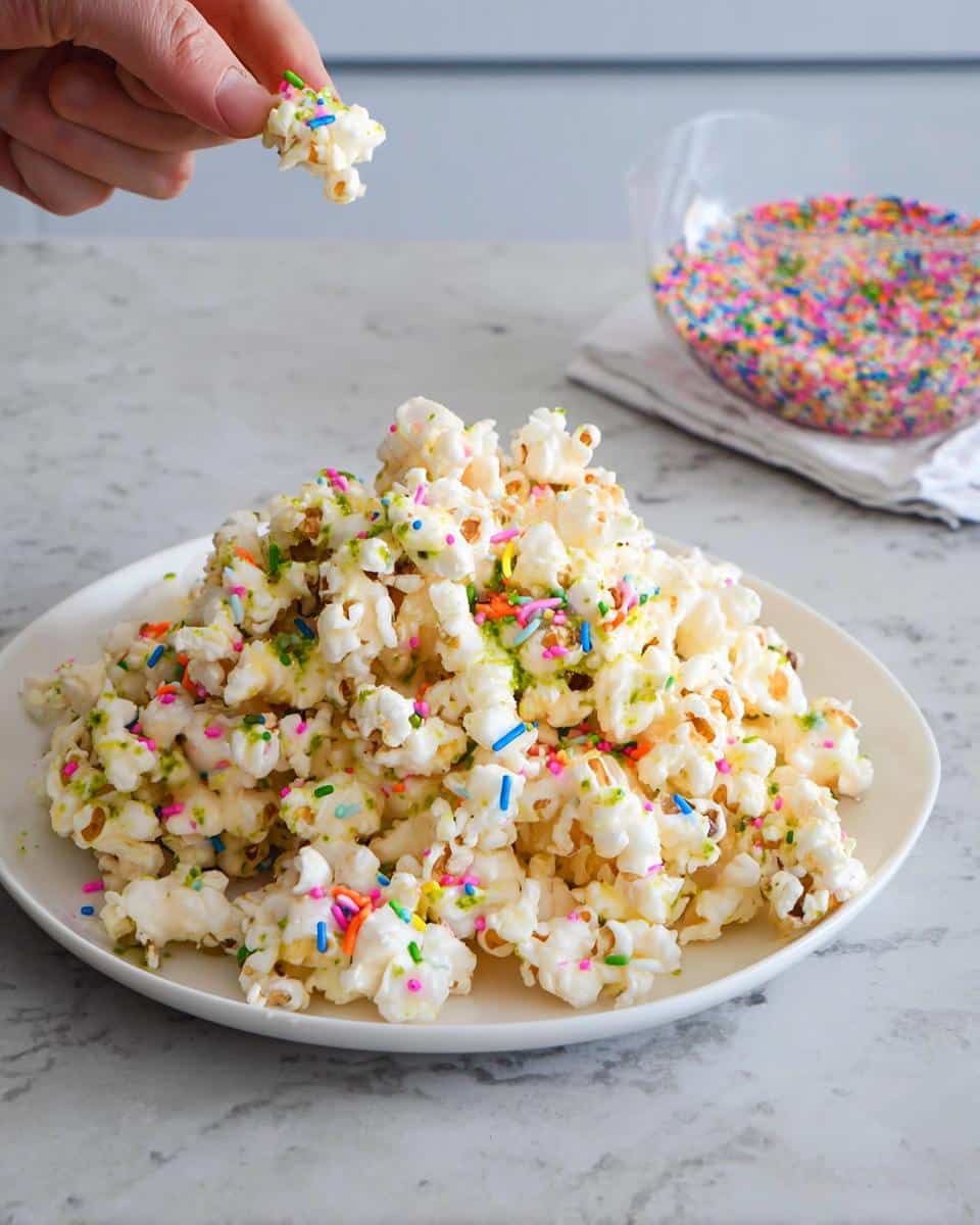 A large mound of White Chocolate Funfetti Popcorn covered in colorful sprinkles on a white plate, with a hand grabbing a piece.