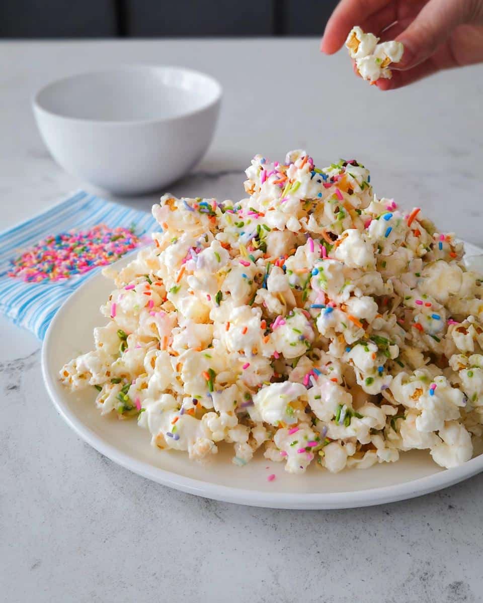 A large mound of White Chocolate Funfetti Popcorn covered in colorful sprinkles on a white plate.