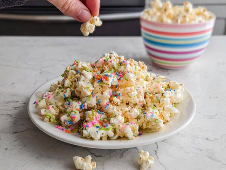 A plate piled high with White Chocolate Funfetti Popcorn drizzled with white coating and colorful sprinkles.