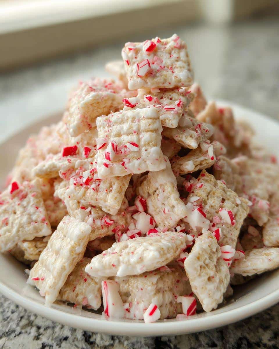 A close-up of White Chocolate Peppermint Chex Mix coated in white chocolate and topped with crushed candy canes.