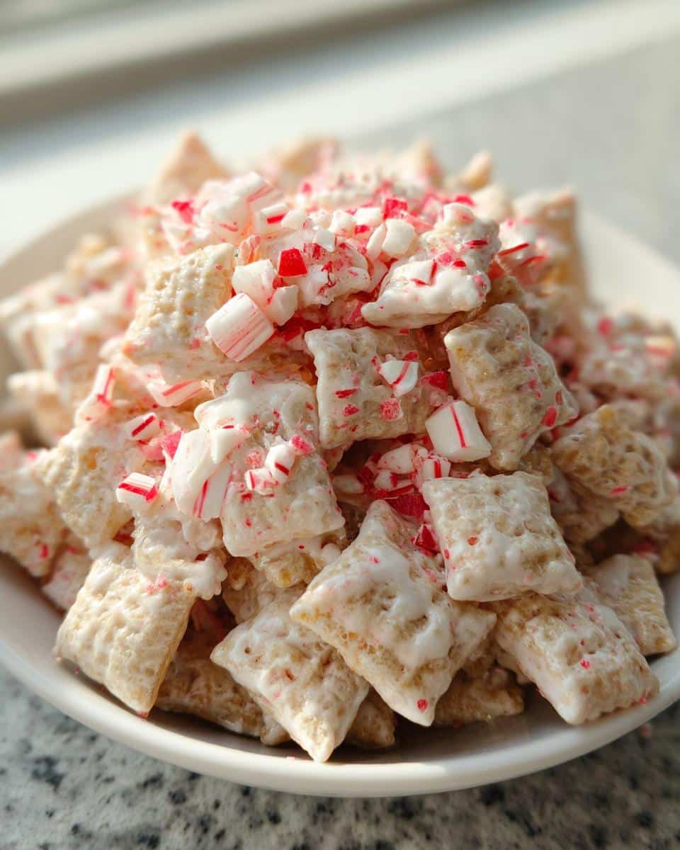 A close-up of White Chocolate Peppermint Chex Mix coated in white chocolate and topped with crushed candy canes.
