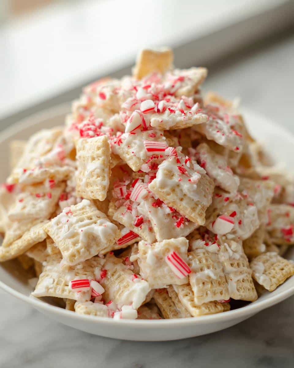A close-up of White Chocolate Peppermint Chex Mix piled high in a white bowl, coated in white chocolate and topped with crushed candy canes.