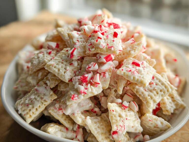 Close-up of White Chocolate Peppermint Chex Mix coated in white chocolate and topped with crushed candy canes.