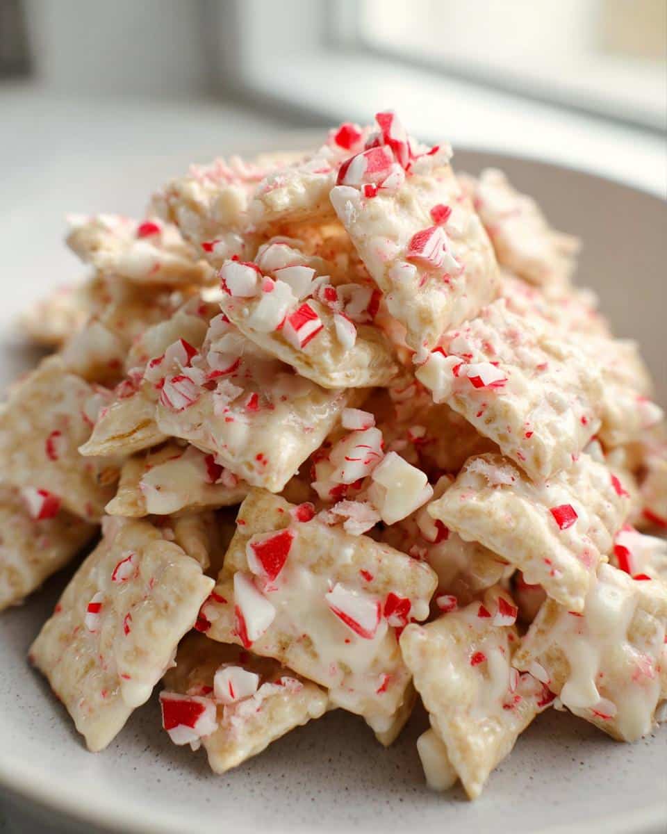 A close-up of a pile of White Chocolate Peppermint Chex Mix coated in white chocolate and topped with crushed red and white peppermint candies.