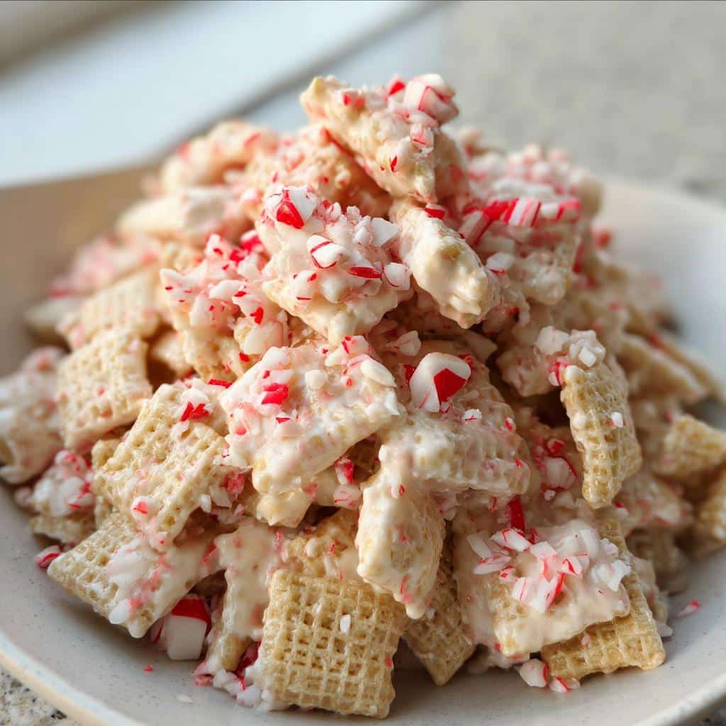 A close-up of White Chocolate Peppermint Chex Mix coated in white chocolate and topped with crushed candy canes.