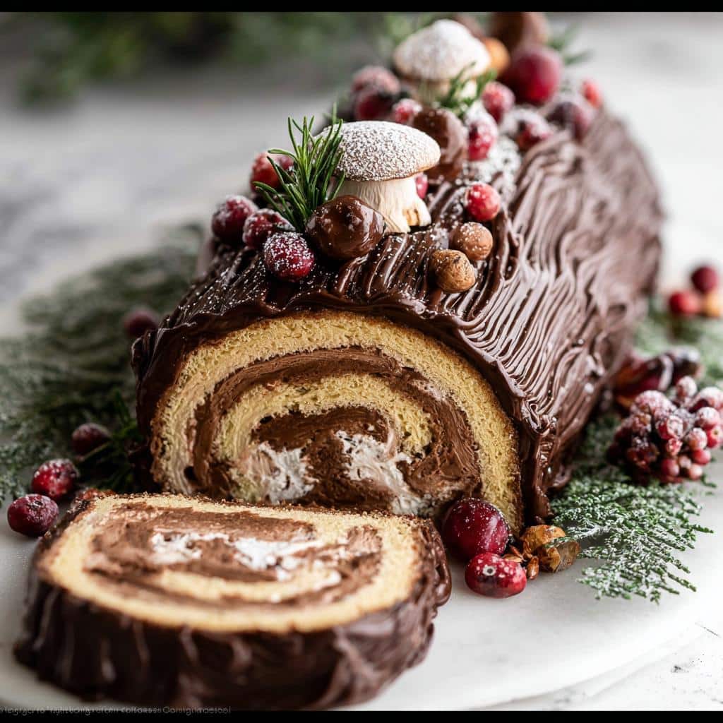 A beautifully decorated Yule Log Cake (Bûche de Noël) with chocolate frosting, cranberries, and mushroom decorations.