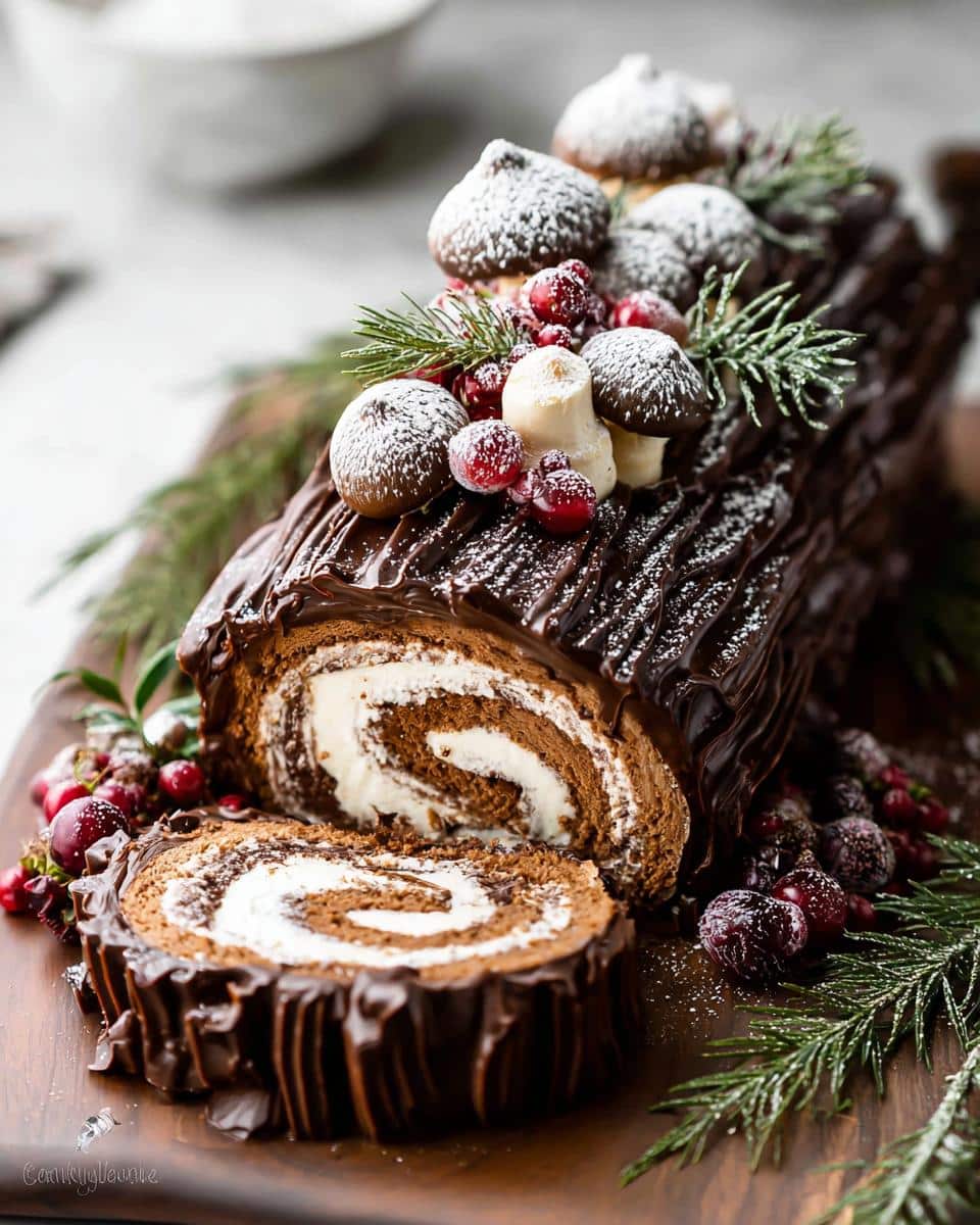 A beautifully decorated Yule Log Cake (Bûche de Noël) with chocolate frosting, cream filling, cranberries, and powdered sugar.