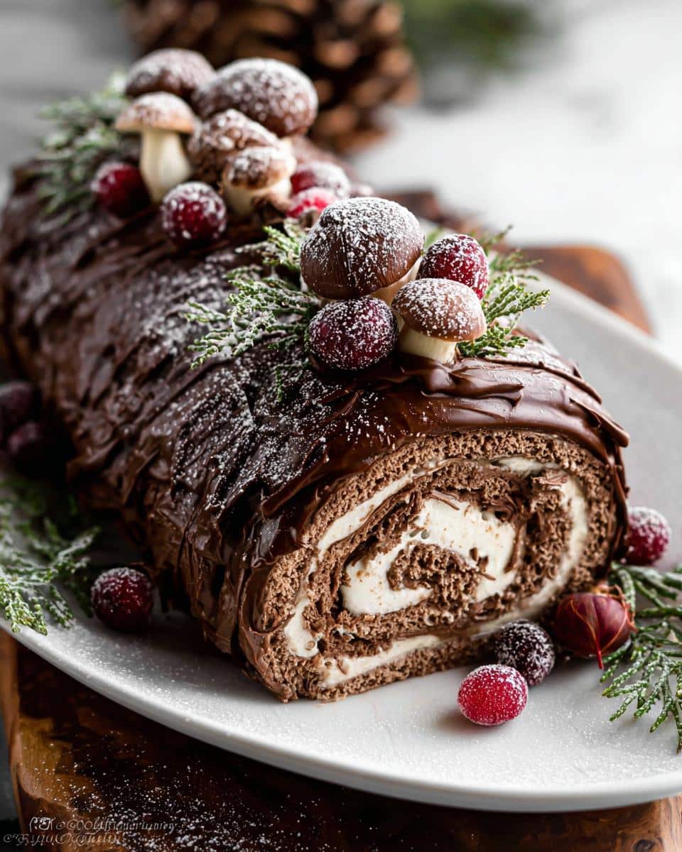 Festive Yule Log Cake (Bûche de Noël) decorated with chocolate bark, meringue mushrooms, cranberries, and powdered sugar.