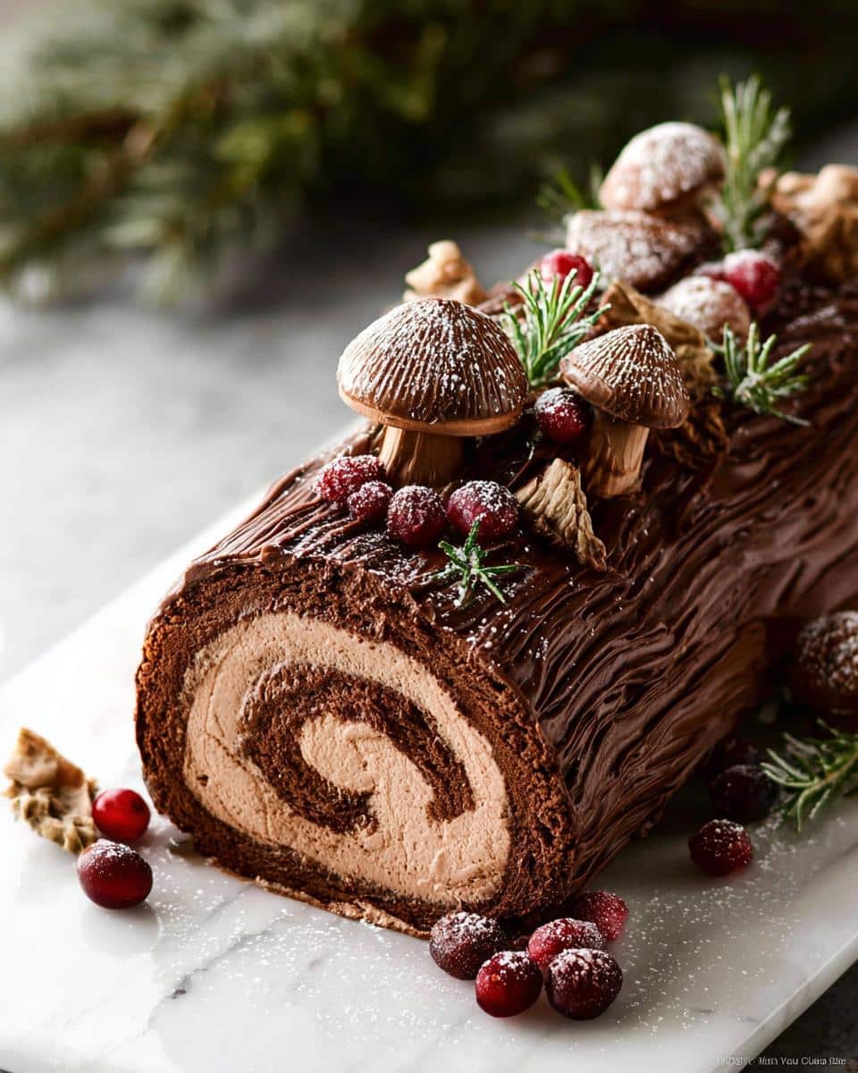 A beautifully decorated Yule Log Cake (Bûche de Noël) with chocolate frosting, mushroom decorations, and cranberries.