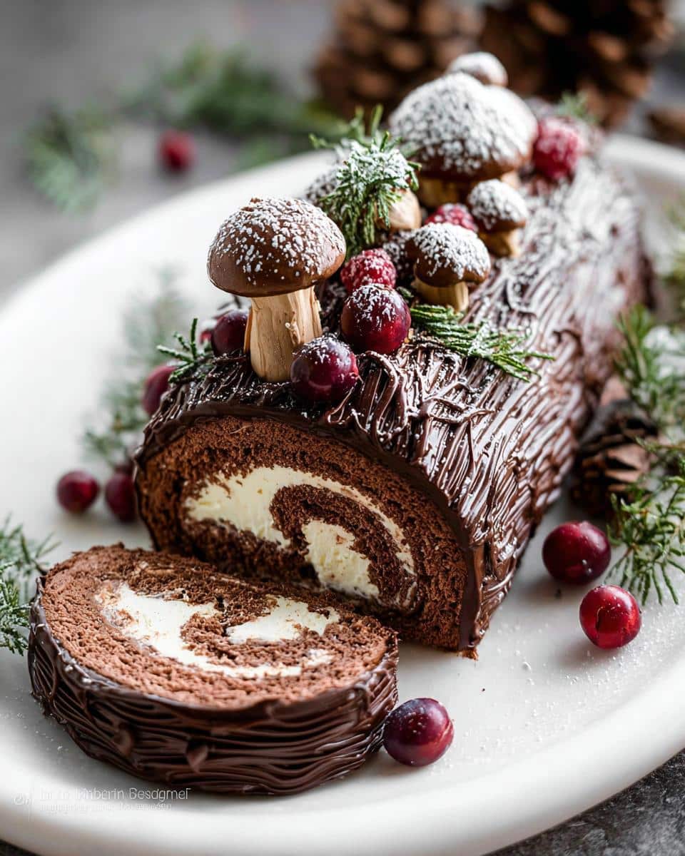 Festive Yule Log Cake (Bûche de Noël) decorated with chocolate bark, mushrooms, cranberries, and powdered sugar.
