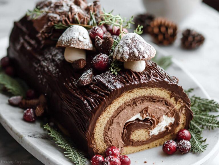 Close-up of a beautifully decorated Yule Log Cake (Bûche de Noël) with chocolate frosting, cranberries, and mushroom decorations.