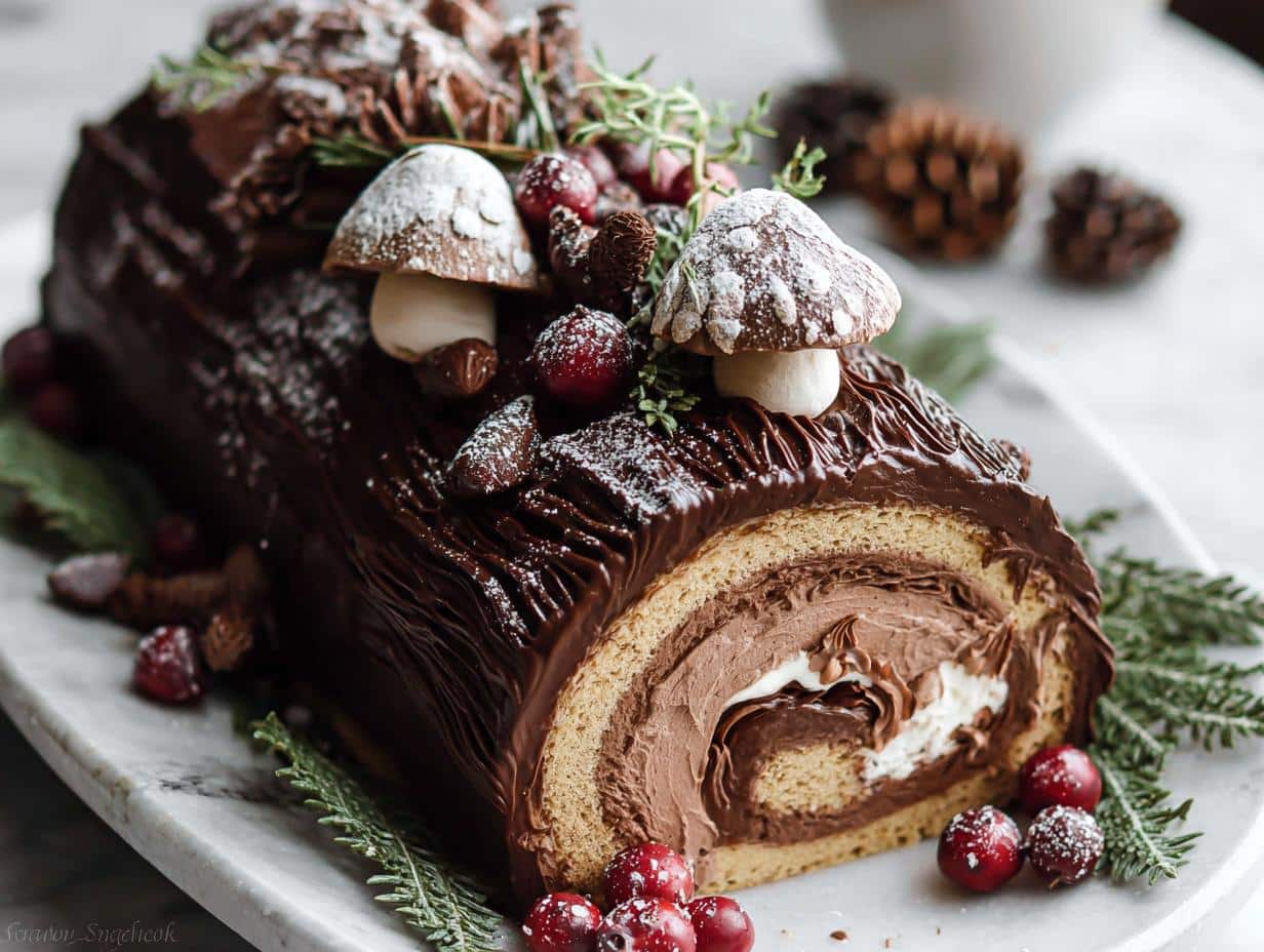 Close-up of a beautifully decorated Yule Log Cake (Bûche de Noël) with chocolate frosting, cranberries, and mushroom decorations.