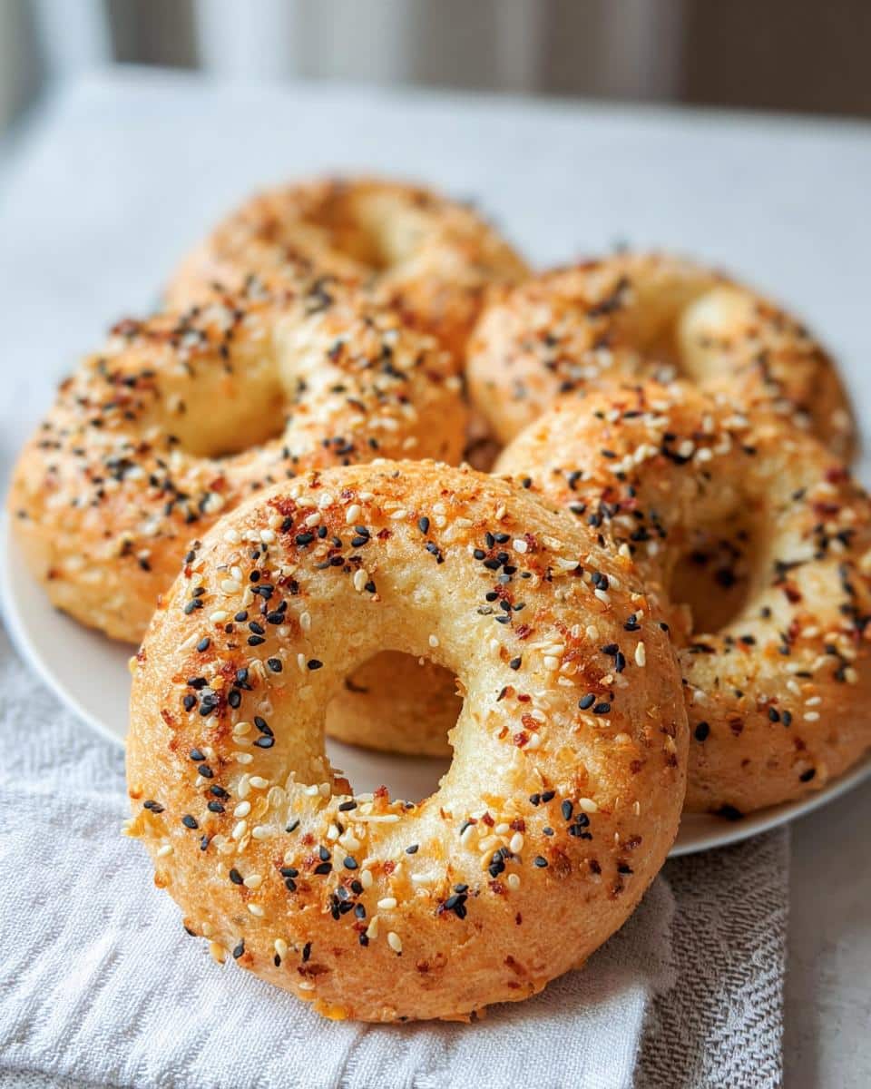 Close-up of golden baked 2-Ingredient Keto Bagels topped generously with everything bagel seasoning.
