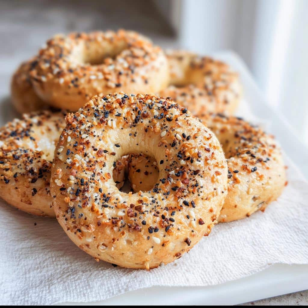 A stack of golden brown 2-Ingredient Keto Bagels generously topped with everything bagel seasoning.